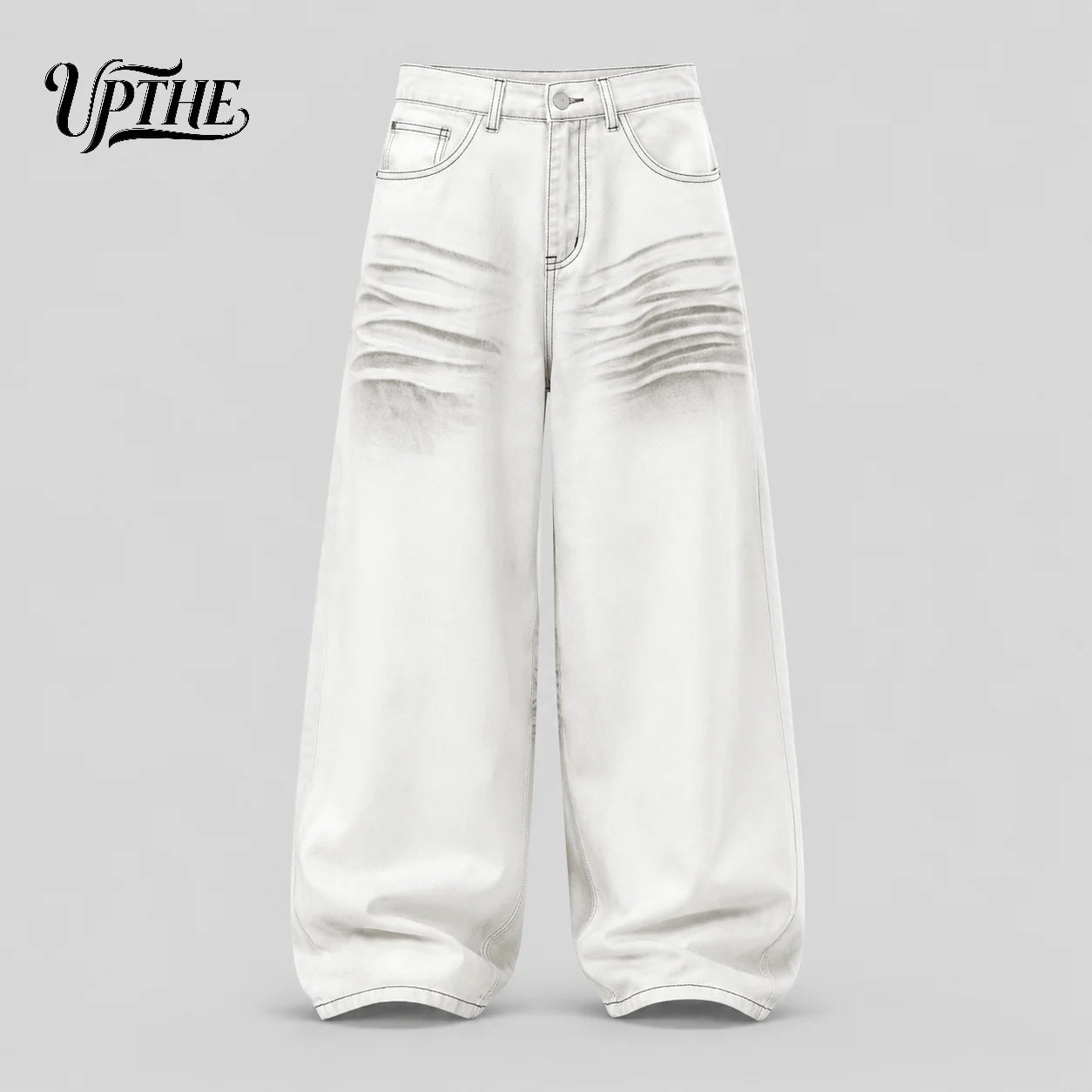 Men’s White Gradient Crinkle Wide Leg Y2K Baggy Jeans