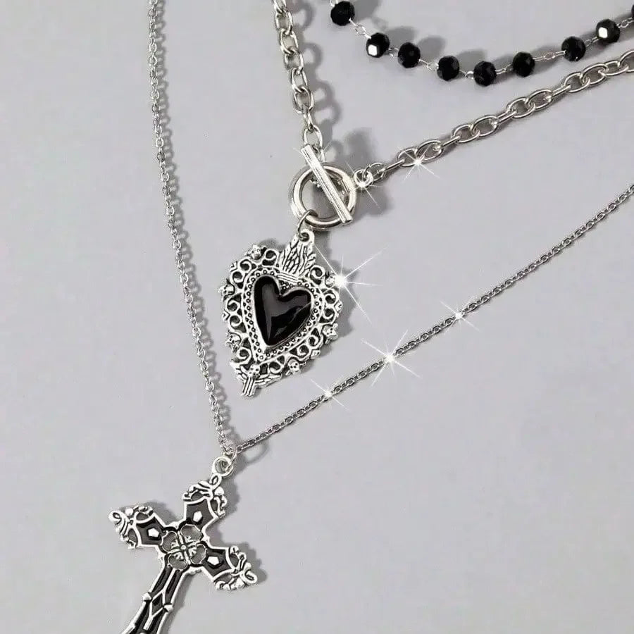 Gothic Black Heart Cross Pendant Necklace Set