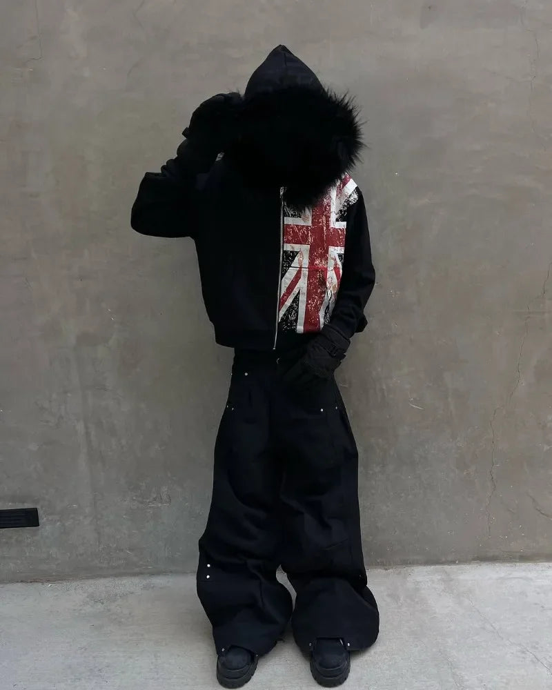 Retro Flag Print Fleece Hoodie With Fur Collar Zip-Up
