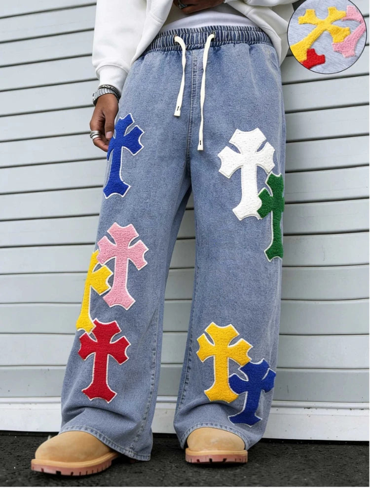 Men’s Embroidered Baggy Jeans With Elastic Waist Street Style