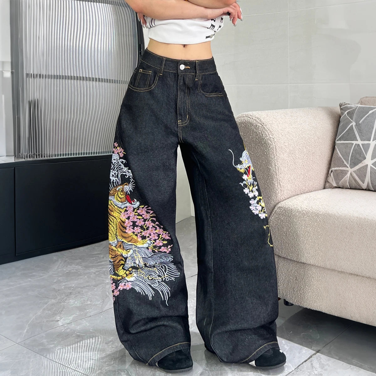 Women’s Retro Embroidered Wide-Leg Jeans Streetwear