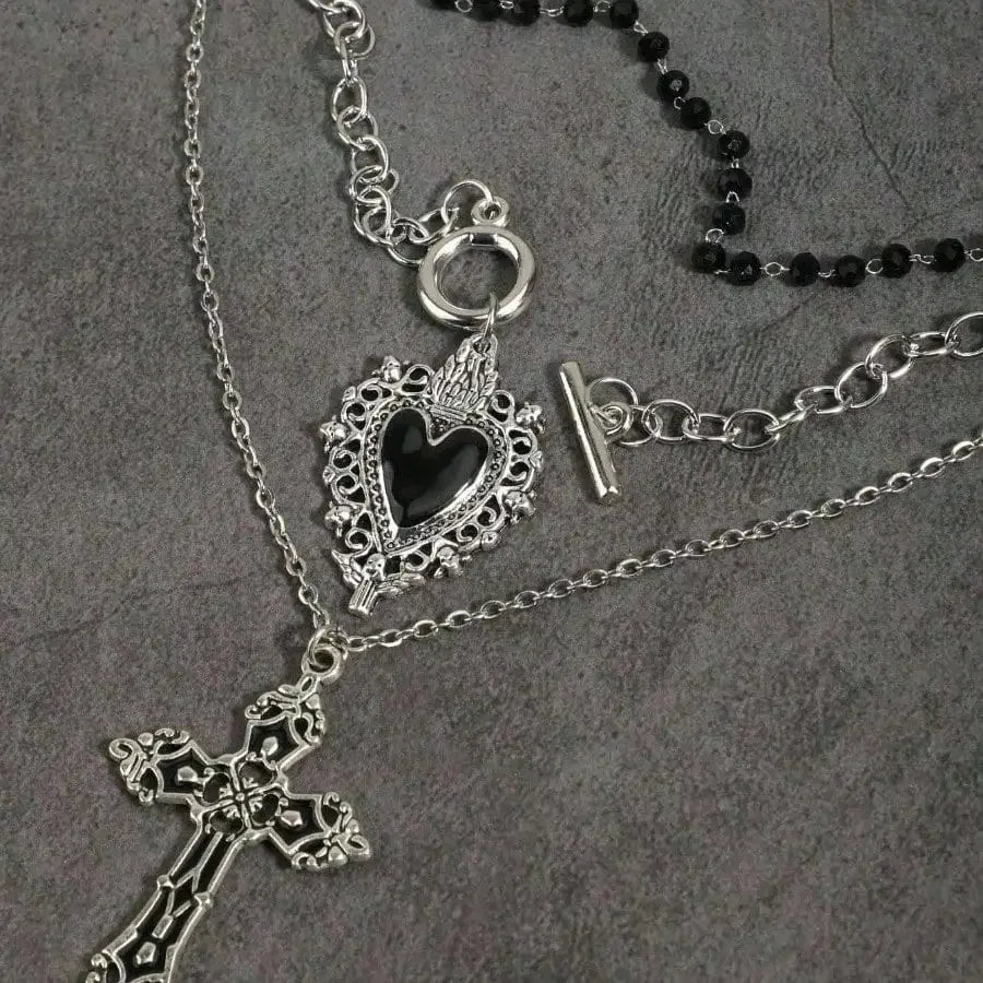 Gothic Black Heart Cross Pendant Necklace Set