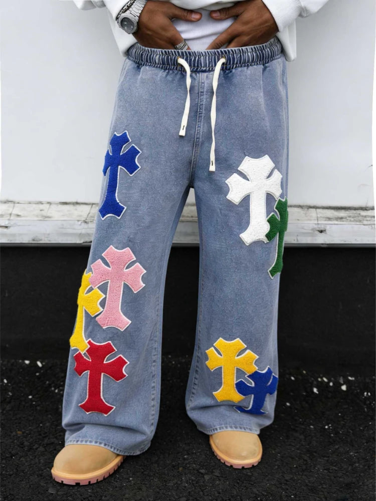 Men’s Embroidered Baggy Jeans With Elastic Waist Street Style