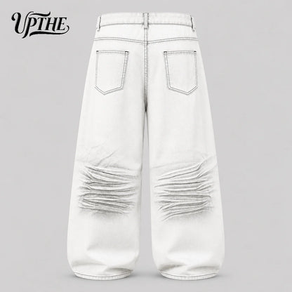 Men’s White Gradient Crinkle Wide Leg Y2K Baggy Jeans