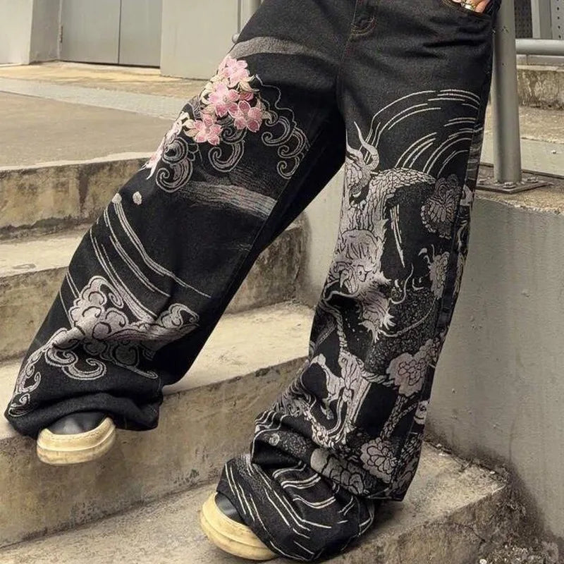 Y2K Hip Hop Wide Leg Jeans With Embroidered Details