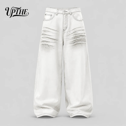 Men’s White Gradient Crinkle Wide Leg Y2K Baggy Jeans