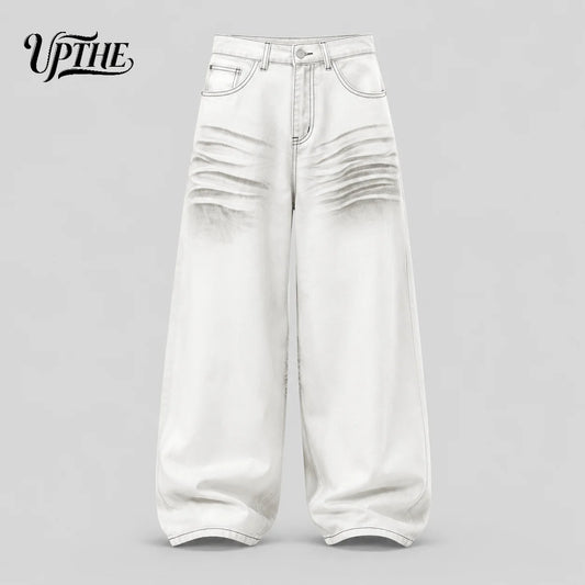Men’s White Gradient Crinkle Wide Leg Y2K Baggy Jeans