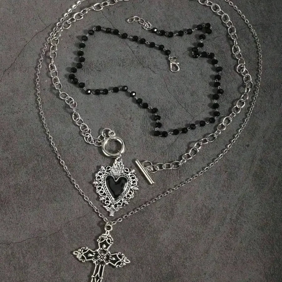 Gothic Black Heart Cross Pendant Necklace Set