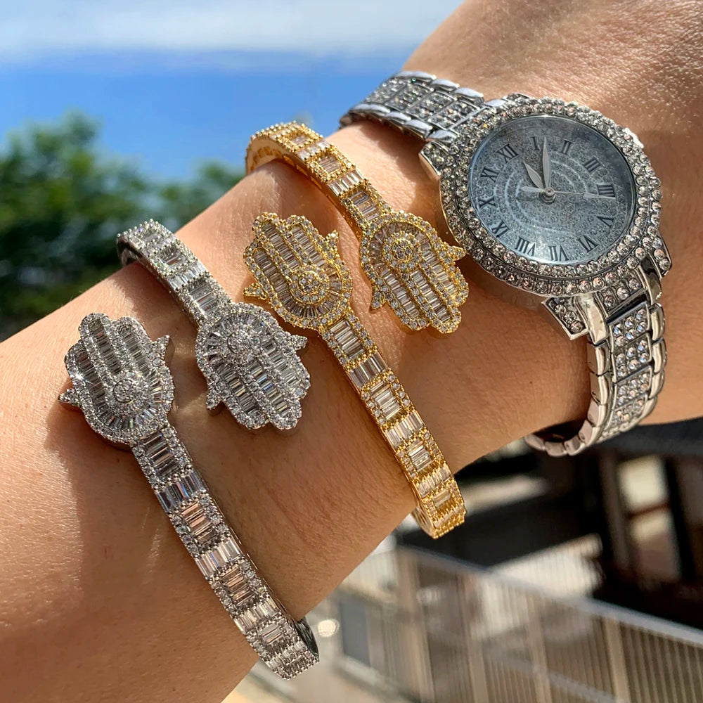 Iced Out CZ Hamsa Hand Cuff Bracelet Bangle