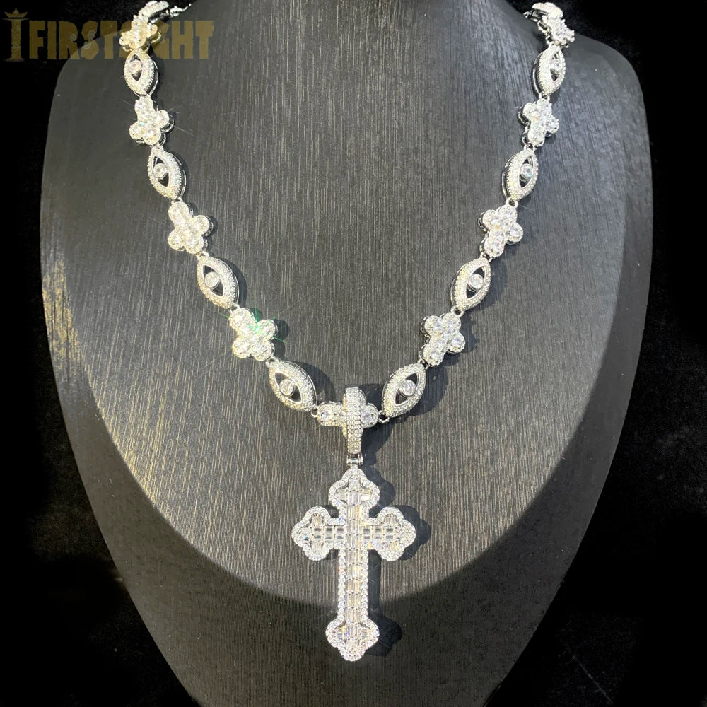 Iced Out Cross Necklace With Cubic Zirconia Tennis Chain