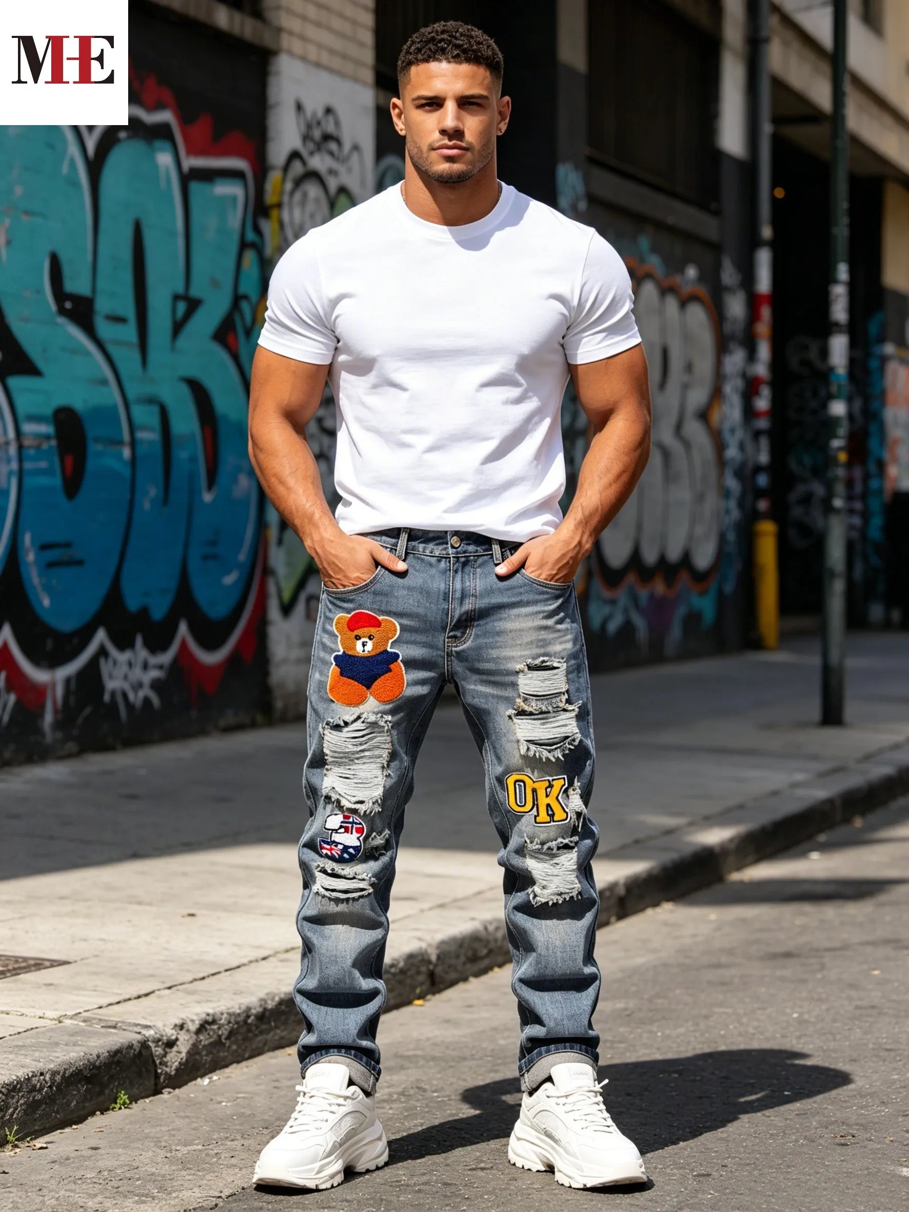 Men's Vintage Slim Jeans With Bear Embroidered Patches