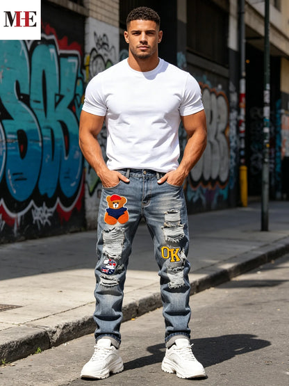 Men's Vintage Slim Jeans With Bear Embroidered Patches