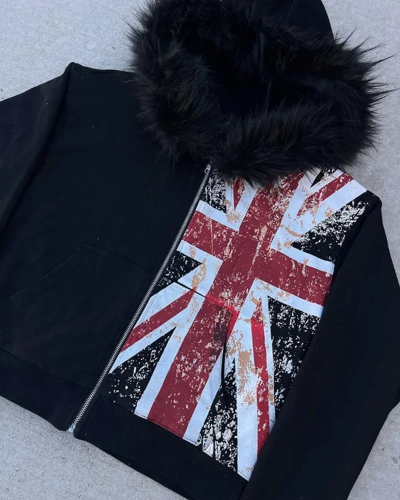 Retro Flag Print Fleece Hoodie With Fur Collar Zip-Up