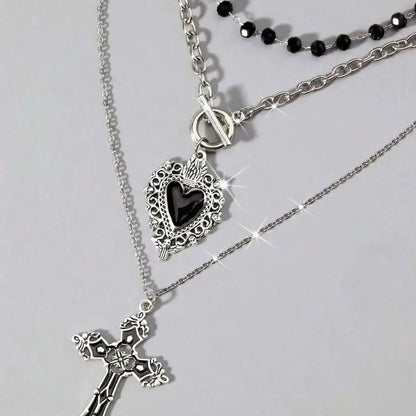 Gothic Black Heart Cross Pendant Necklace Set