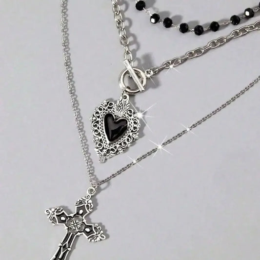 Gothic Black Heart Cross Pendant Necklace Set