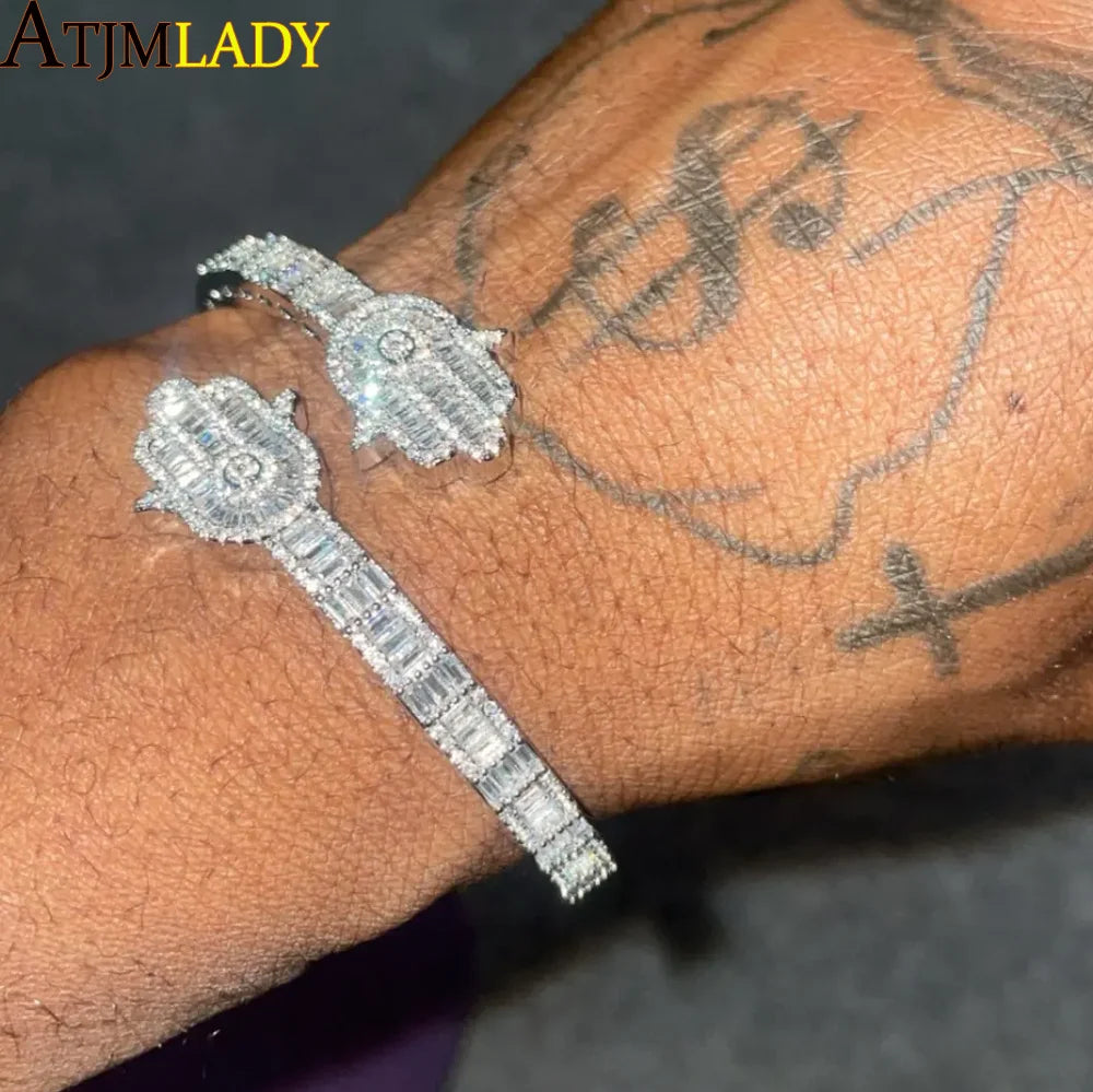 Iced Out CZ Hamsa Hand Cuff Bracelet Bangle