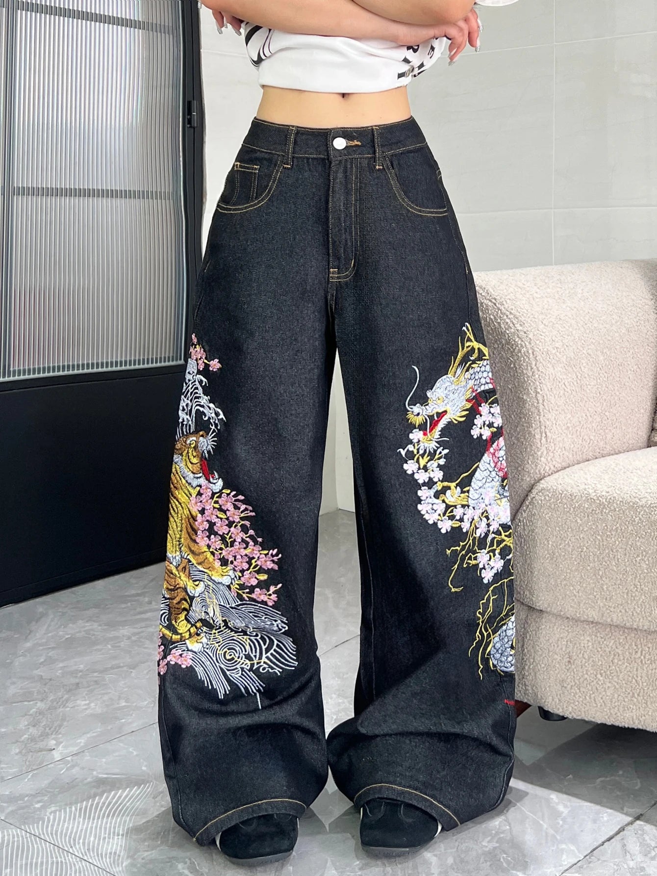 Women’s Retro Embroidered Wide-Leg Jeans Streetwear