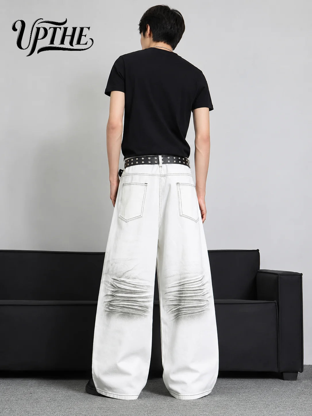 Men’s White Gradient Crinkle Wide Leg Y2K Baggy Jeans