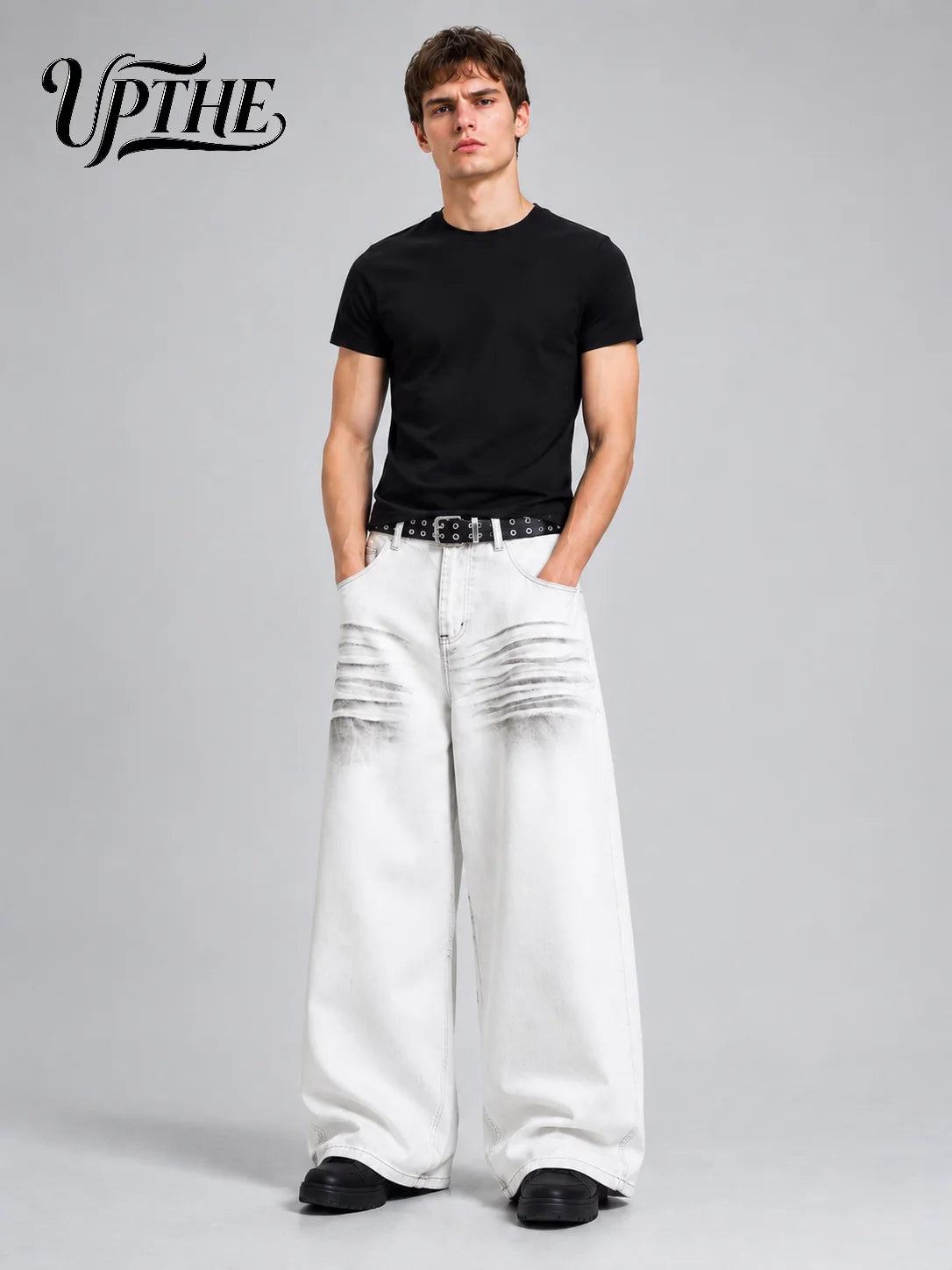 Men’s White Gradient Crinkle Wide Leg Y2K Baggy Jeans