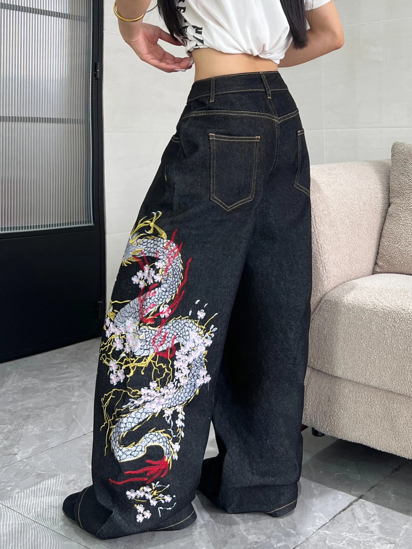 Women’s Retro Embroidered Wide-Leg Jeans Streetwear