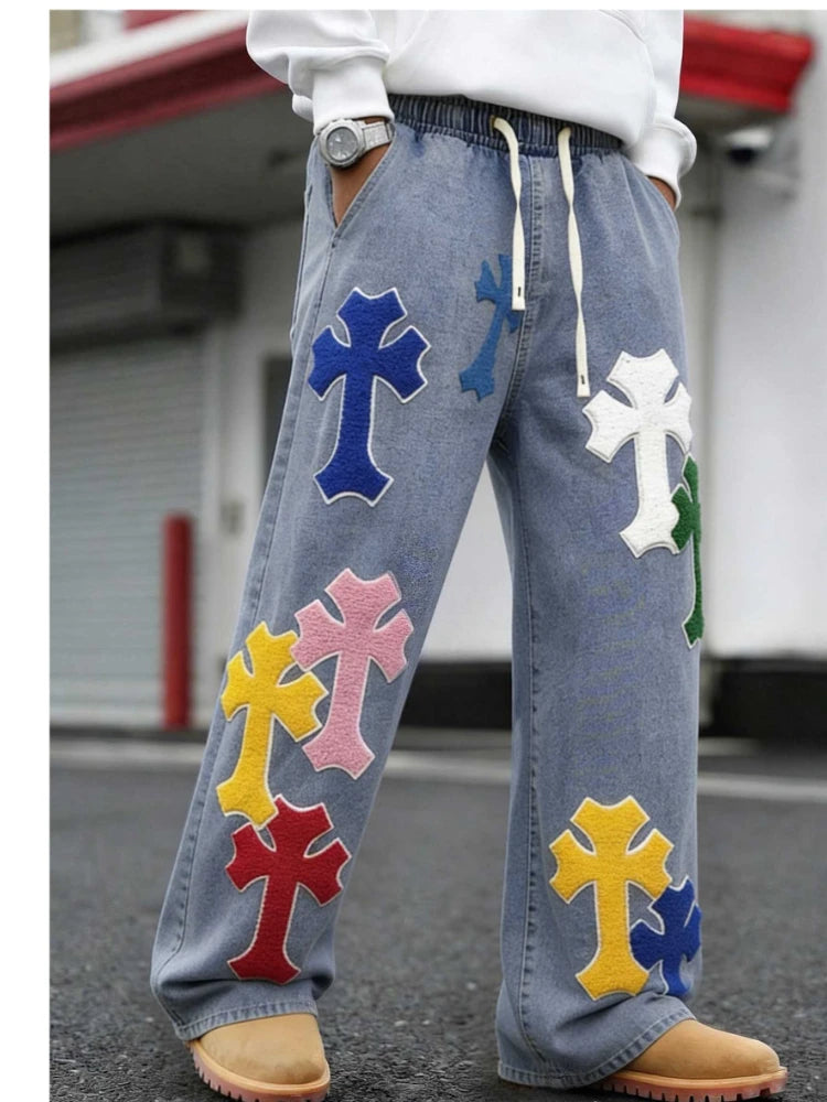 Men’s Embroidered Baggy Jeans With Elastic Waist Street Style