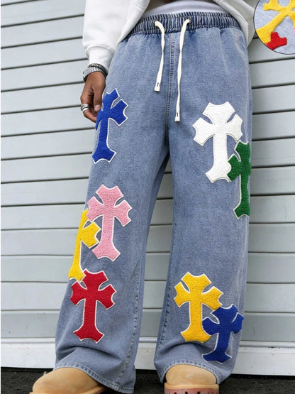 Men’s Embroidered Baggy Jeans With Elastic Waist Street Style