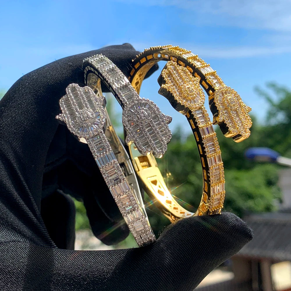 Iced Out CZ Hamsa Hand Cuff Bracelet Bangle