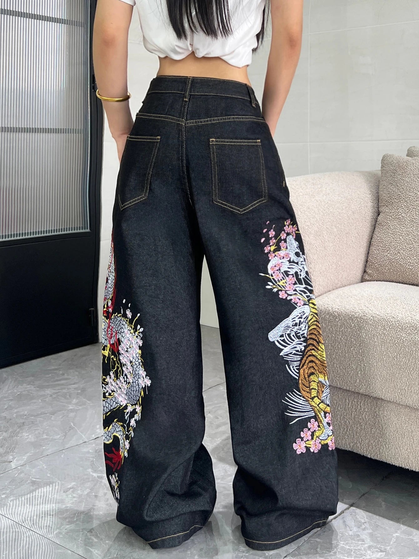 Women’s Retro Embroidered Wide-Leg Jeans Streetwear