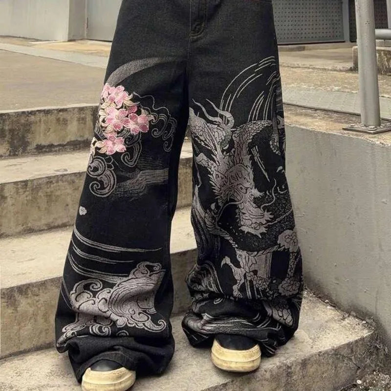 Y2K Hip Hop Wide Leg Jeans With Embroidered Details
