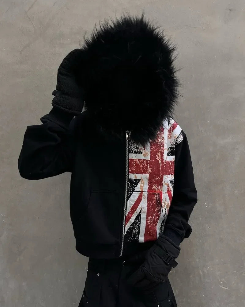 Retro Flag Print Fleece Hoodie With Fur Collar Zip-Up