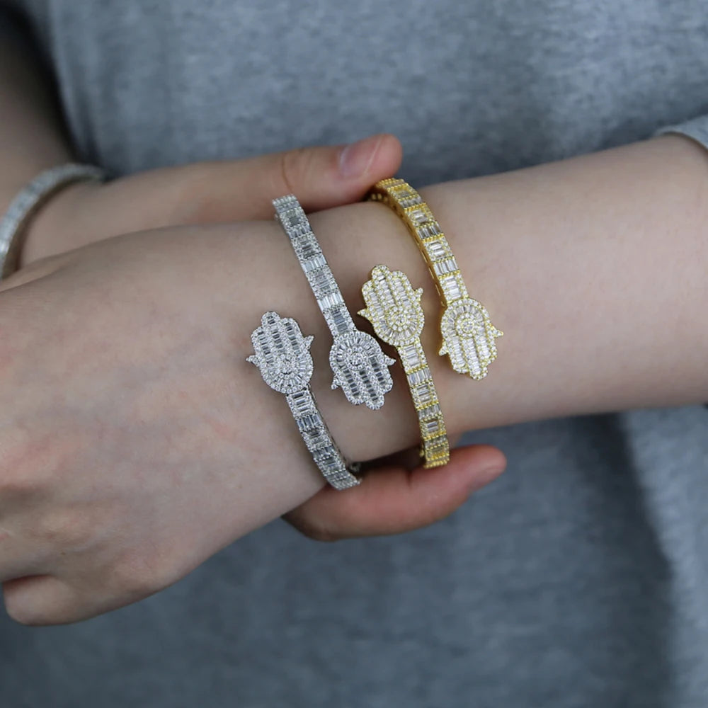 Iced Out CZ Hamsa Hand Cuff Bracelet Bangle
