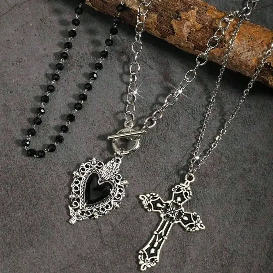 Gothic Black Heart Cross Pendant Necklace Set