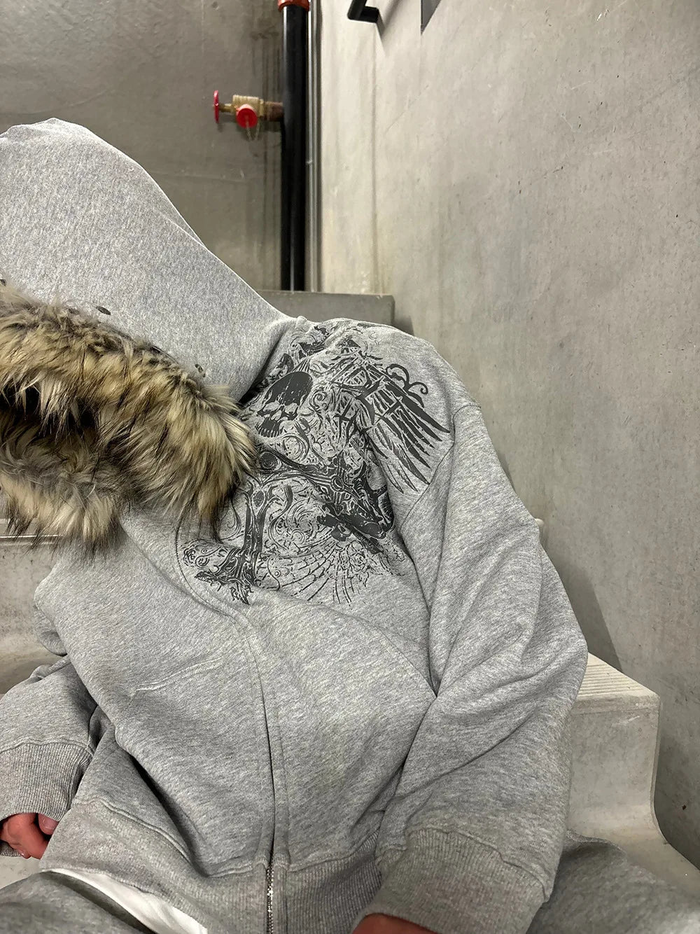 Y2K Faux Fur Collar Zip Hoodie Streetwear Jacket