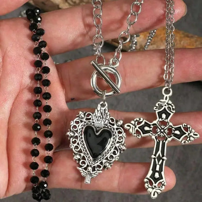 Gothic Black Heart Cross Pendant Necklace Set