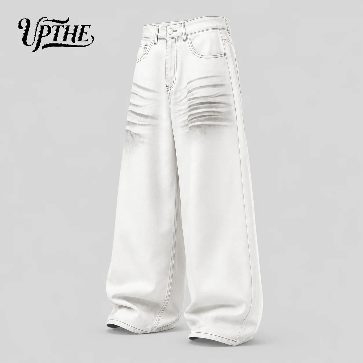 Men’s White Gradient Crinkle Wide Leg Y2K Baggy Jeans