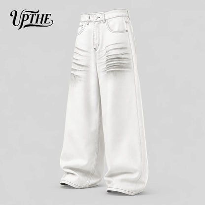 Men’s White Gradient Crinkle Wide Leg Y2K Baggy Jeans