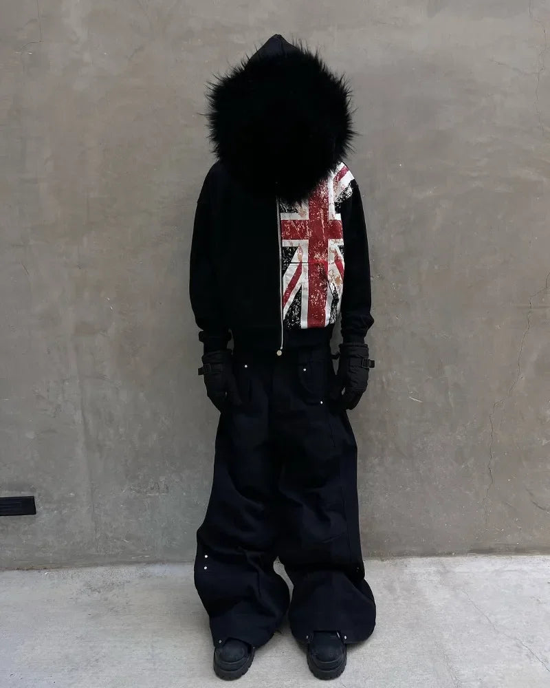 Retro Flag Print Fleece Hoodie With Fur Collar Zip-Up