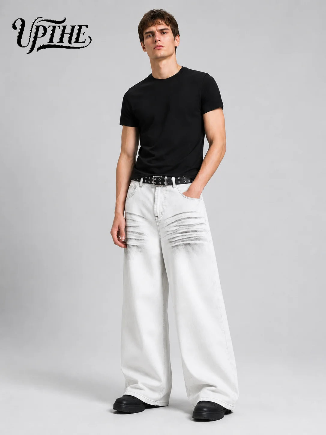 Men’s White Gradient Crinkle Wide Leg Y2K Baggy Jeans