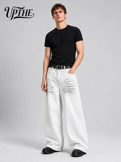 Men’s White Gradient Crinkle Wide Leg Y2K Baggy Jeans