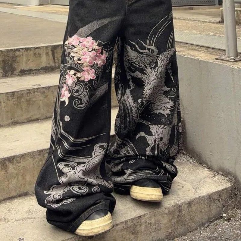 Y2K Hip Hop Wide Leg Jeans With Embroidered Details