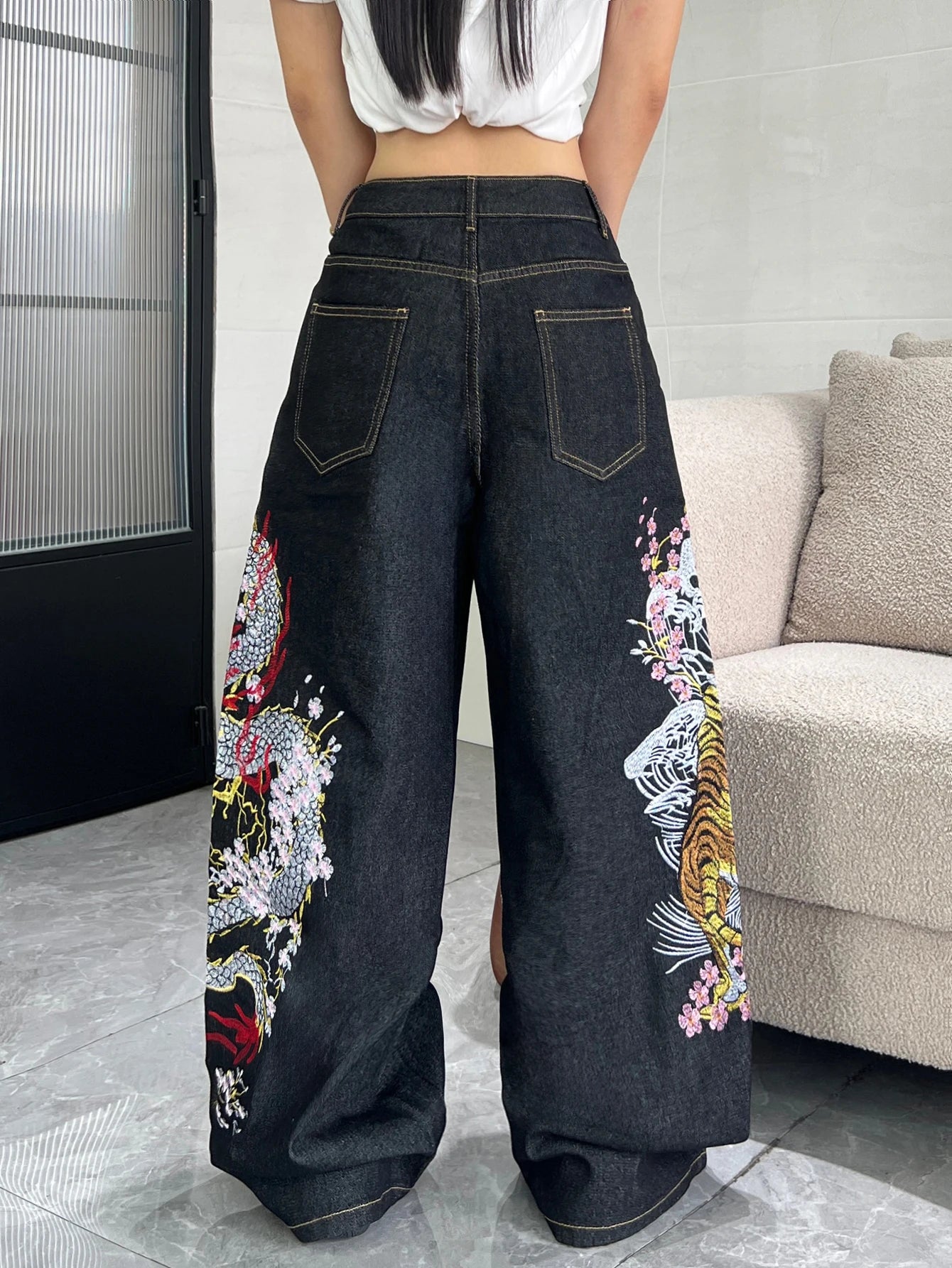 Women’s Retro Embroidered Wide-Leg Jeans Streetwear