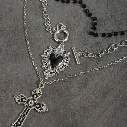 Gothic Black Heart Cross Pendant Necklace Set