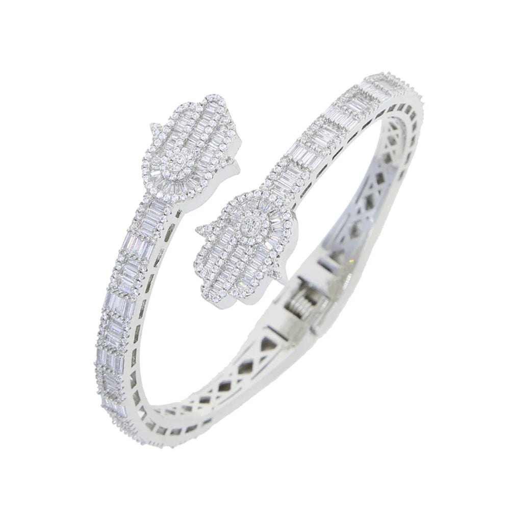 Iced Out CZ Hamsa Hand Cuff Bracelet Bangle