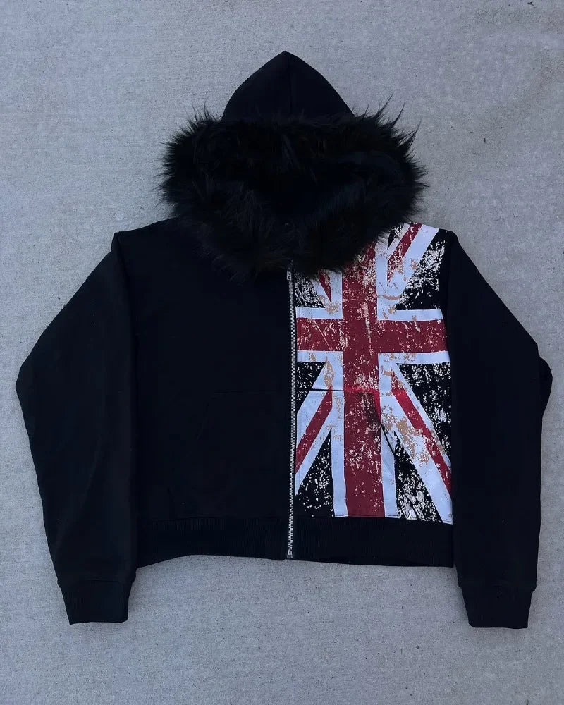 Retro Flag Print Fleece Hoodie With Fur Collar Zip-Up