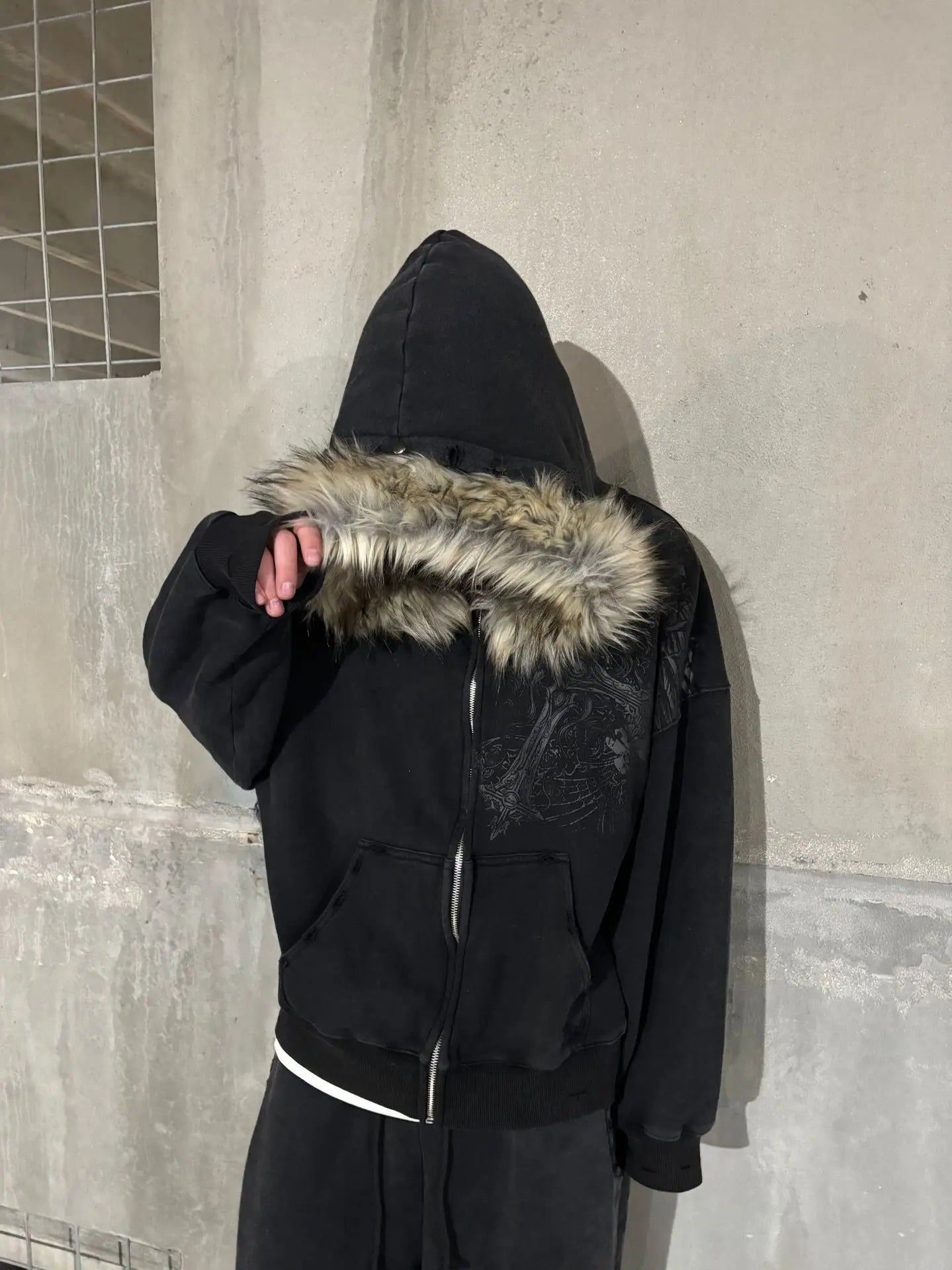 Y2K Faux Fur Collar Zip Hoodie Streetwear Jacket
